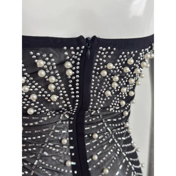 Beaded Pearl Sheer Feather Bust Dress Size Small Stretchy Bodycon Night Out - Image 11