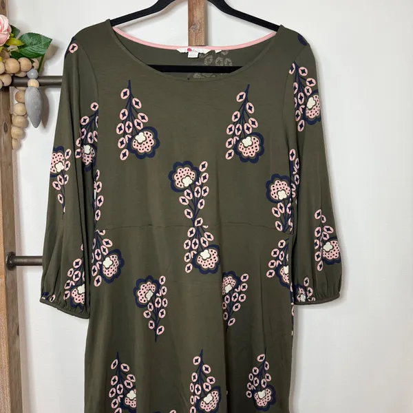 Boden Olive Green Floral Print Three Quarter Sleeve Tunic Dress‎ Size 10P - Image 3