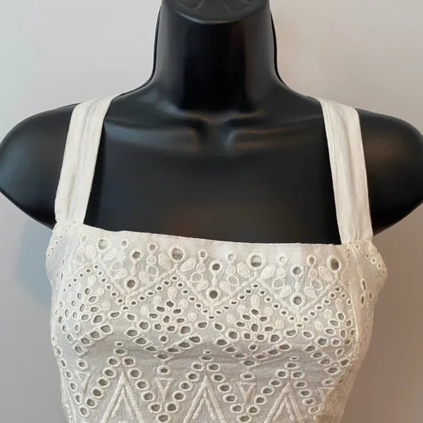 Free People Cotton Boho Coastal Eyelet Smocked Tie Back Crop Top XS Ivory - Image 2