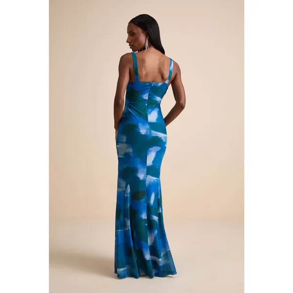 NEW Lulus Zemina Blue Abstract Godet Watercolor Pleated Mermaid Maxi Dress XS - Image 3
