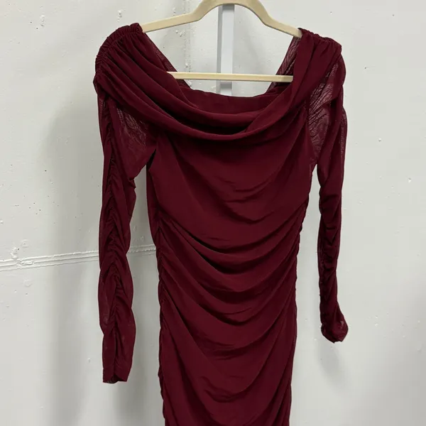 NWT Pretty Garden Burgundy Mesh Ruched Off Shoulder Bodycon Midi‎ Dress Wine Med - Image 5