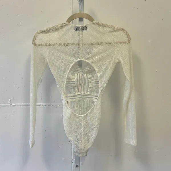 Hello Molly White Lace SheerLong Sleeve Open Back V-Neck Bodysuit Womens XS - Image 2