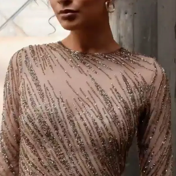 Mac Duggal Long Sleeve Beaded Column Gown Dress Mocha Size 4 - Image 3
