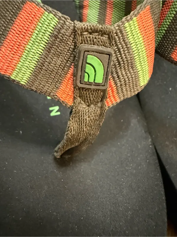 The North Face Size 8 Black Flip Flops with Green, Orange, and Brown Straps - Image 5