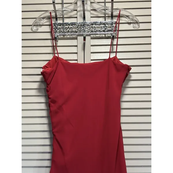 Let's Fashion Red Chiffon Asymmetrical Rhinestones Long Formal Gown Size S Lined - Image 6
