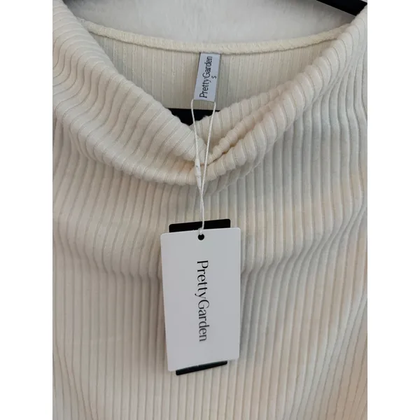 PrettyGarden Ribbed Cowl Neck Top Women Small Cream Long Sleeve Ruched Side NWT - Image 2