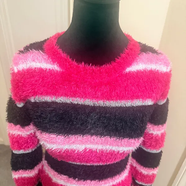 Falls Creek Pink, Black & Metallic Striped Fuzzy Sweater - Junior Size L - NWOT - Image 4