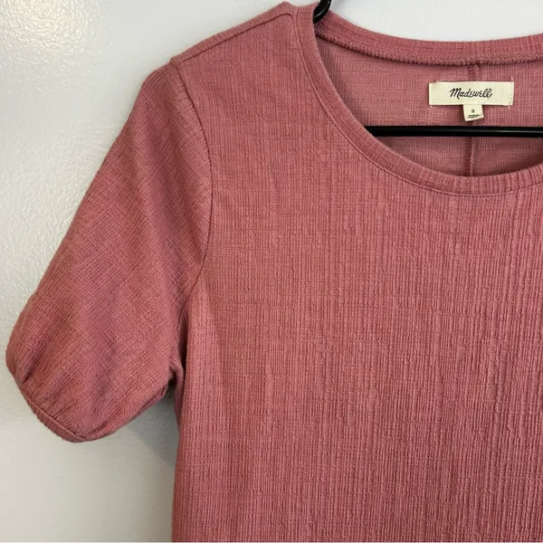 Madewell Crosshatch Short Puff-Sleeve Faux-Wrap Mini Dress Pink Mauve Size Small - Image 5