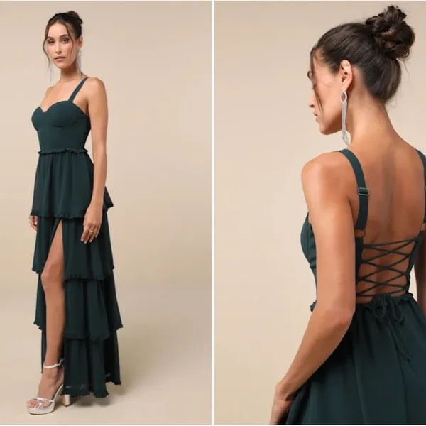 LULU's Sexy Prom Special Event Wedding Flowy Chiffon Corset Tie Back Maxi Gown - Image 3