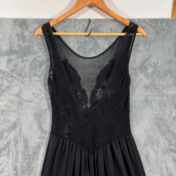 Vintage 80s Victoria's Secret Black Lace V Neck Sheer Bodice Dress Small - Image 8