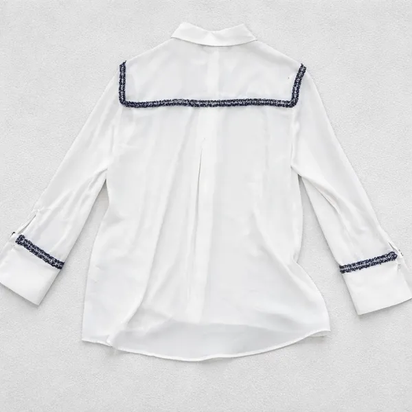 Zara White Button Down Blouse Blue Braided Tweed Trim‎ Gold Button Small - Image 2