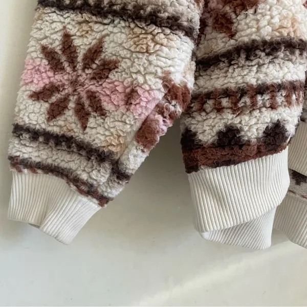 Aerie Sherpa Half Zip Pullover Snowflake Print Teddy Fleece Size M Pink Brown - Image 8
