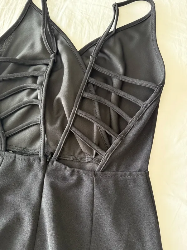 Black Mini Dress V-Neck And Open Back Detail - Image 4