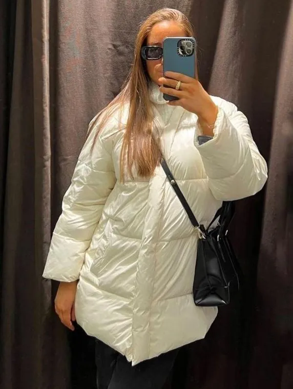 ZARA Water Repellent Puffer Padded Jacket Coat w/ Hidden Button Shinny White New - Image 3