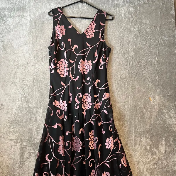 Vintage Y2K Black‎ Pink Floral Ruffle Hem Dress Cottagecore Coquette Sz 14 - Image 5