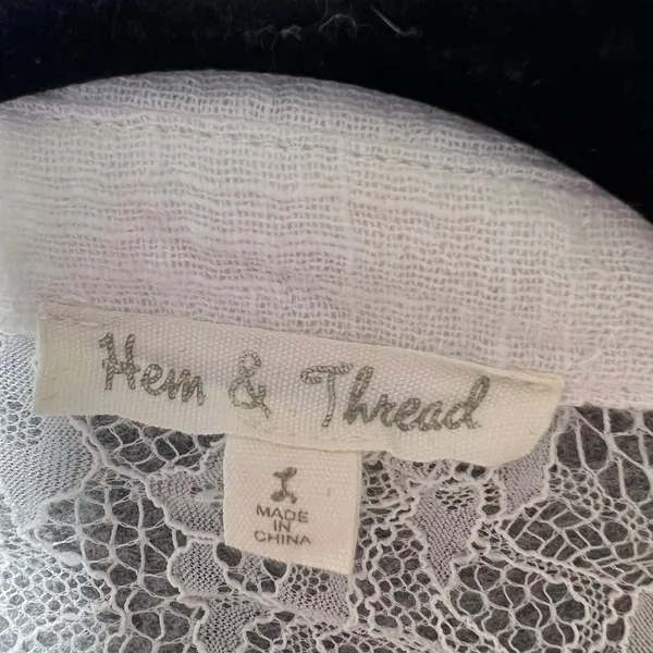 Hem &‎ Thread Ivory Lace Panel Gauze Button Down Shirt Large Boho Romantic Sheer - Image 3