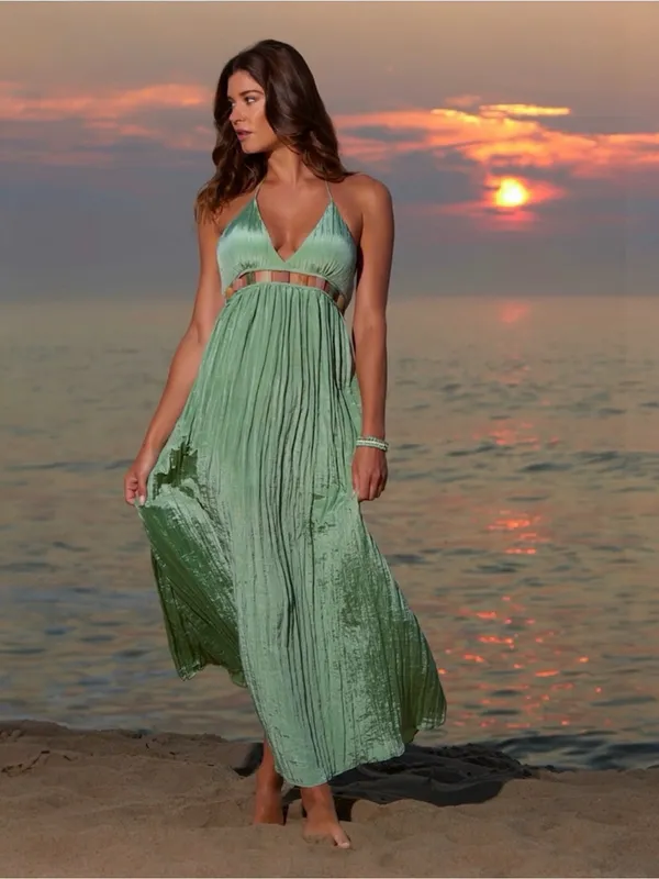 Ibiza by Anne Cole Green V-Neck Halter Maxi Dress w/ Jewel Trim Size Large - Image 2