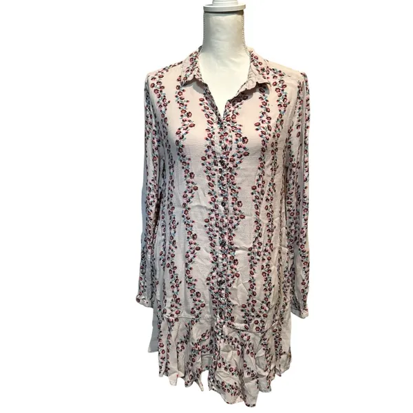 Free People Floral Button Up‎ Tunic Shirt Dress Long Sleeve Retro Boho Medium - Image 4