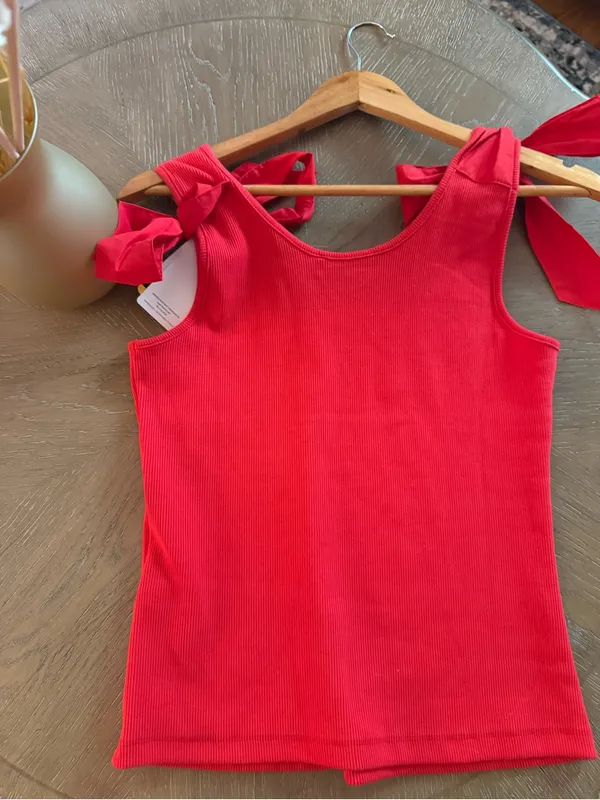 French Connection Red Tie-Shoulder Ribbed Tank Top - Image 7