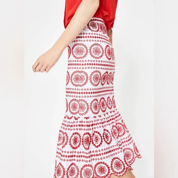 Boden Broderie Embroidered‎ Scalloped Lined Hem Midi Skirt Red White Size 2P - Image 5