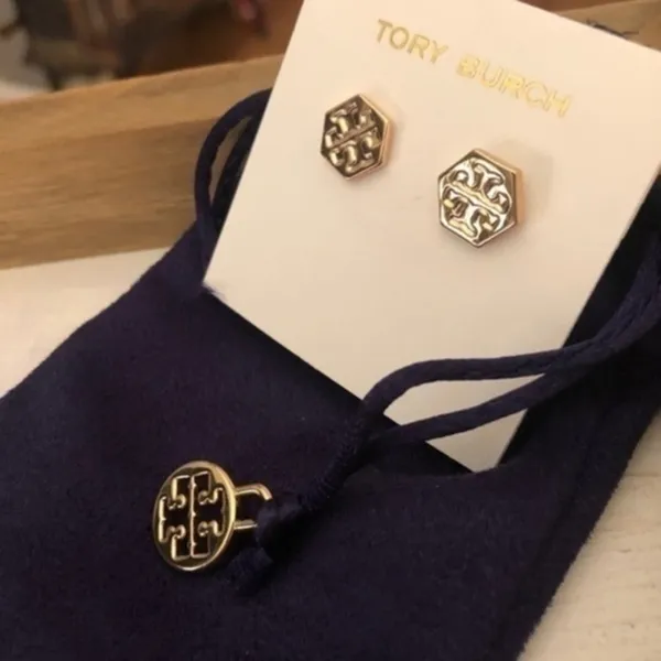 Tory Burch Gold Logo Stud Earrings Hexagon Emblem NWT - Image 3