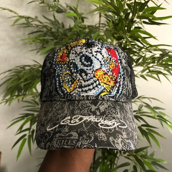 Don Ed Hardy Y2K 2000s Rhinestone Skull Trucker Unisex Mesh Snapback Hat Cap Bling Graphic Goth Grunge Bimbo Scene Streetwear Emo Alt Adjustable Embroidered Gray Black - Image 6