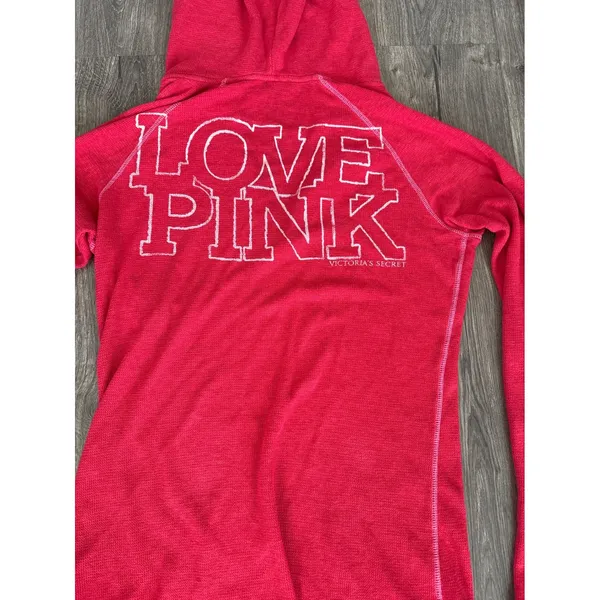 Vintage y2k‎ Victorias Secret PINK Waffle Thermal Hoodie Pink Large LOVE PINK - Image 2