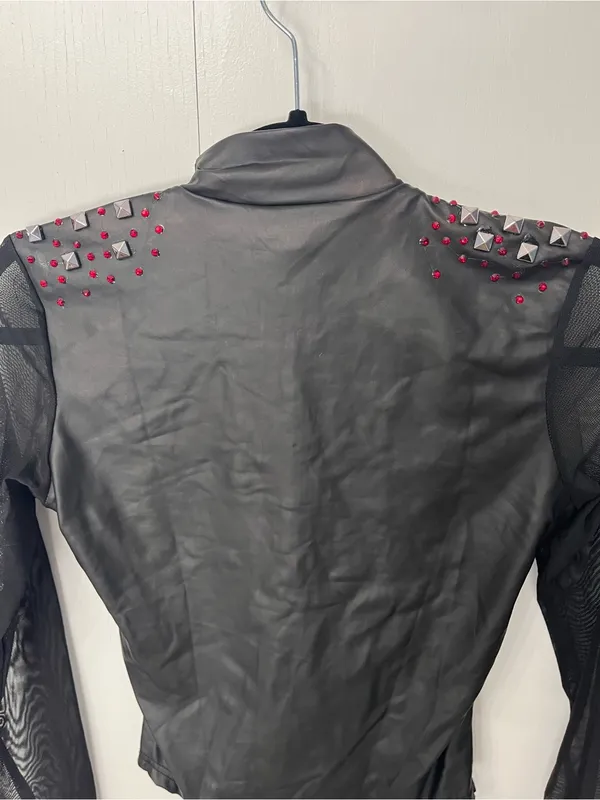 WEISSMAN Leather Zip Up Mesh Sleeves One Piece Bodysuit Jazz Dance Costume Sz S - Image 3