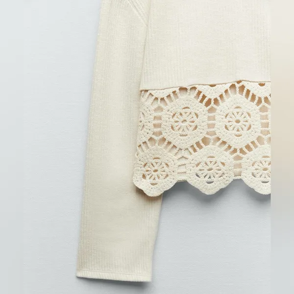 ZARA Beige Ecru Crocheted‎ Long Sleeve Sweater Sweatshirt Top Shirt Size Small - Image 5