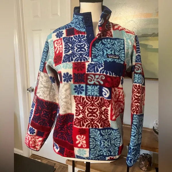 Patagonia Synchilla Snap-T Fleece Pullover XXS Patchwork Print Red Blue Vintage - Image 2