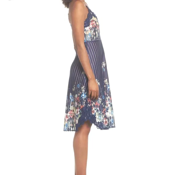 Foxiedox Floral Lace Trim Dress S Navy Blue Pleated‎ Fit & Flare Soft Girl - Image 5