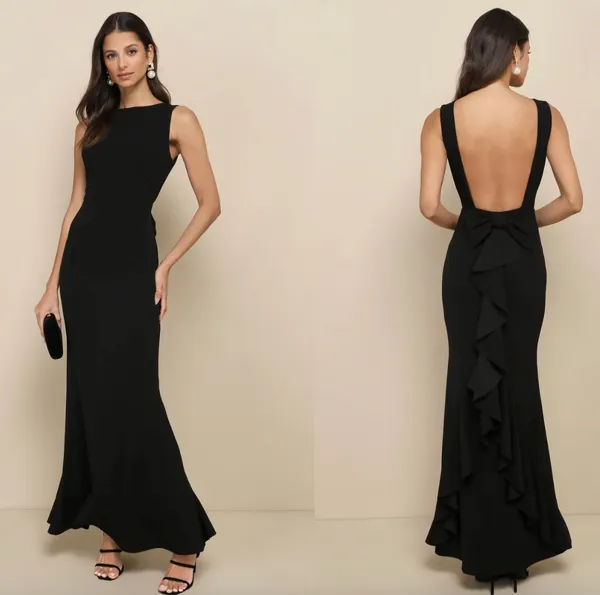 Lulus Exquisite Refinement Black Backless Bow Ruffled Maxi Dress Formal XS NWT - Image 2