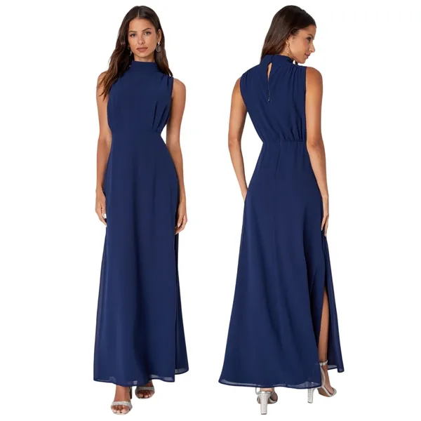 Lulus Classic Elegance Navy Chiffon Sleeveless Mock Neck Maxi Dress size XS NWT - Image 2