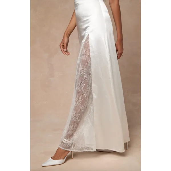 Lulus Concetta Ivory Satin Lace Halter Maxi Dress Wedding Bridal Small NWT - Image 4