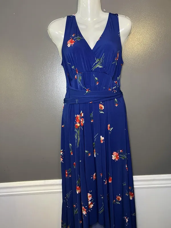 Torrid Dress Sz 00 (Med) Blue Floral V Neck Hi Low Maxi Fit & Flare Sundress - Image 2