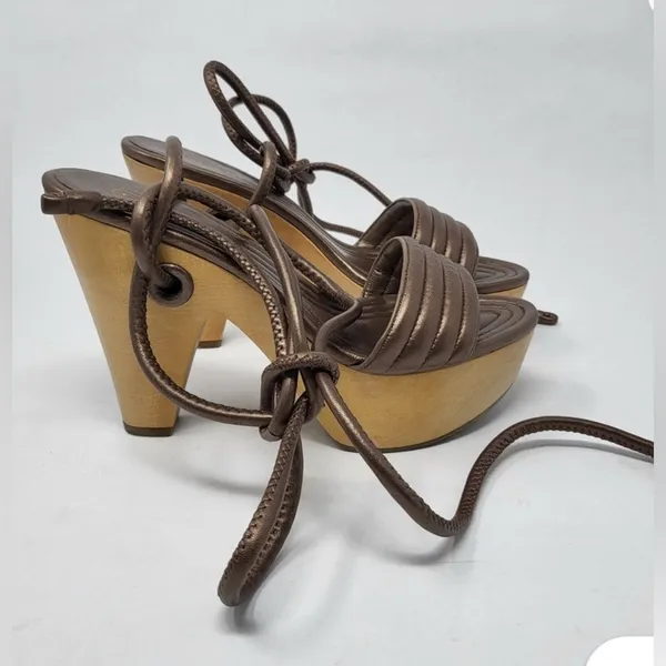 Coach Bronze Brown Leather Strappy Wooden Heel Sandals Modern Minimalist - Image 8