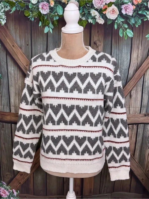 LA MEIL Knit Sweater Women’s Size Small Fair Isle Boho Pullover Cream Gray New - Image 3