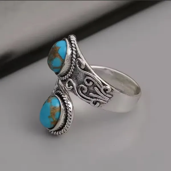 Vintage Wrap Ring Silver Plated Delicate Carving On The Surface Inlaid Turquoise - Image 2