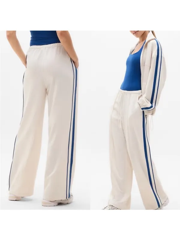 Athleta Pant‎ MVP Mid Rise Side Stripe ivory blue Size Large - Image 2