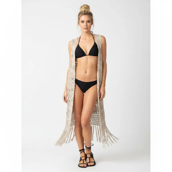 Rebellion Tan Sheer Crochet Fringe Open Front Cardigan Sweater NEW L - Image 6