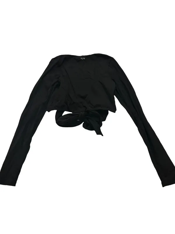 MW Luv (Made With Luv) Black Long Sleeve Wrap Crop Tie Waist V Medium Women's - Image 12