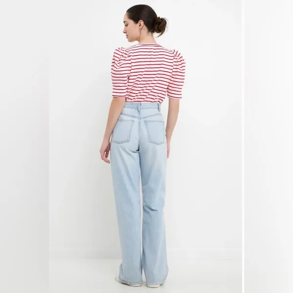 English Factory Red & White Stripe Pleated Puff Sleeve Top – Medium - Image 3