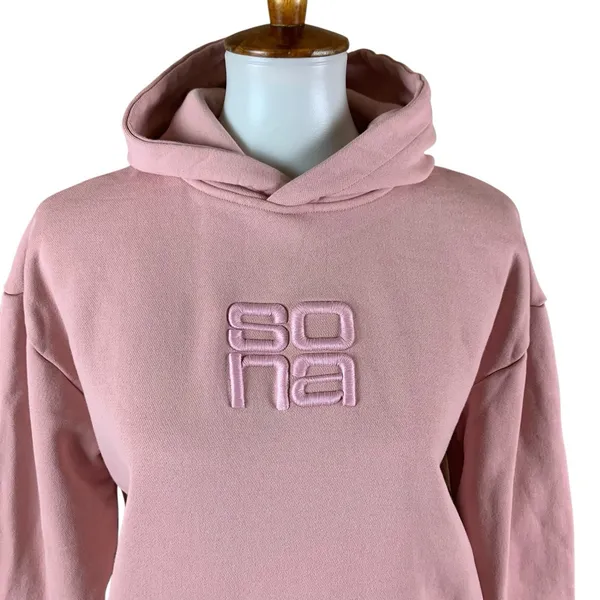 Sona Pink Embroidered Logo Hoodie Small Y2K‎ Streetwear Cozy Pullover Casual - Image 2