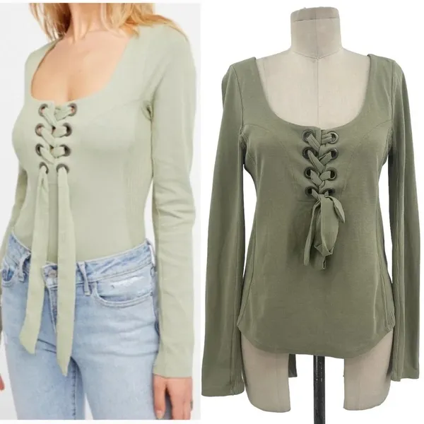 Free People Looking Back Lace-Up Top Sage Green Size Medium‎ - Image 2