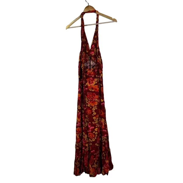 NWT Zesica Halter Floral Maxi Dress Red Boho Tiered Smocked Backless Size S - Image 6
