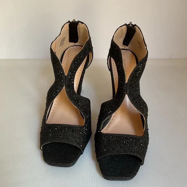 Adrienne Vittadini Black Glitter Heels Women Size 8.5 Strappy Open Toe Party - Image 4