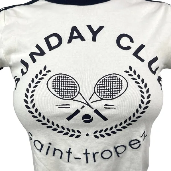 Urban Outfitters White Sunday Club Saint Tropez Fitted Tee T-shirt Crop Top Sz S - Image 3