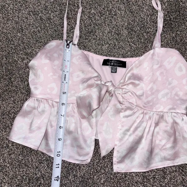 Blue Blush pink satin top with white leopard print, size S - Image 4