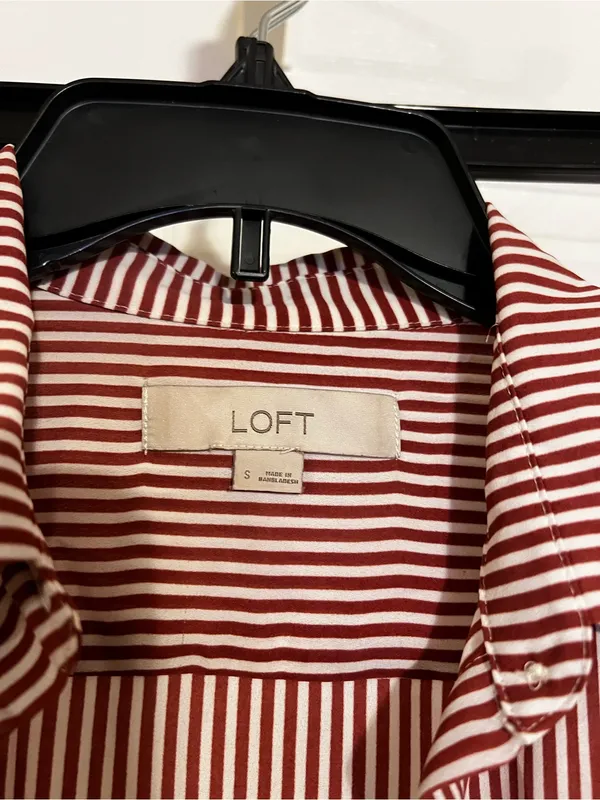 LOFT Striped Button-Up Blouse in Burgundy and White - Image 3