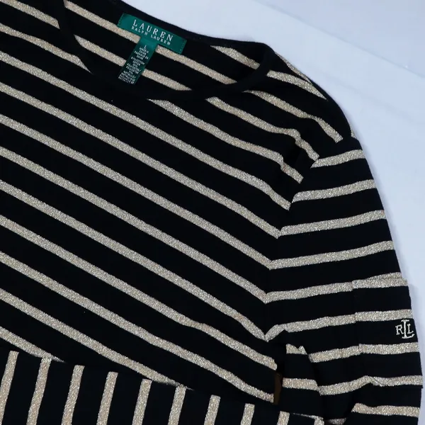 Lauren‎ Ralph Lauren Top Womens Large Black Gold Metallic Striped Long Sleeve L - Image 4